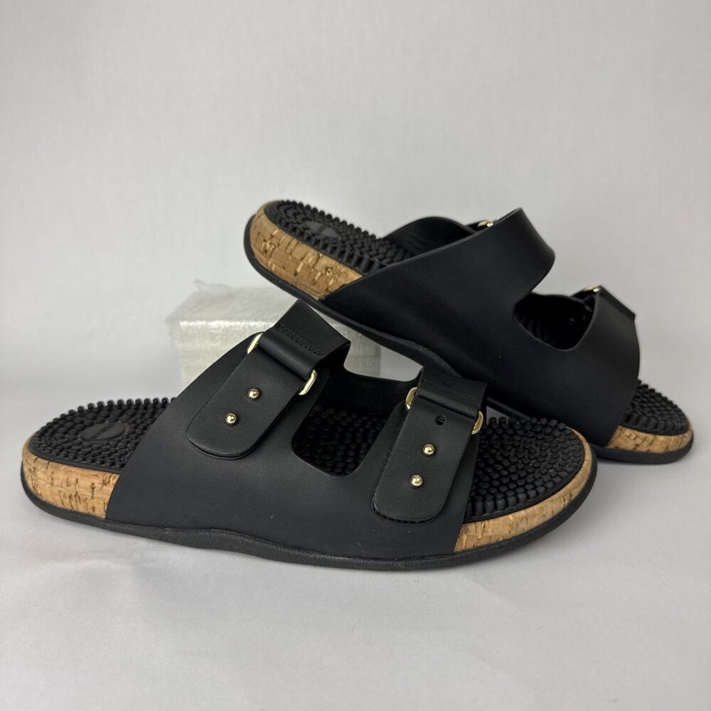 Revs Shiel Womens sz 6 Black Vegan Leather Slide Strap Reflexology Sandals UK 4
